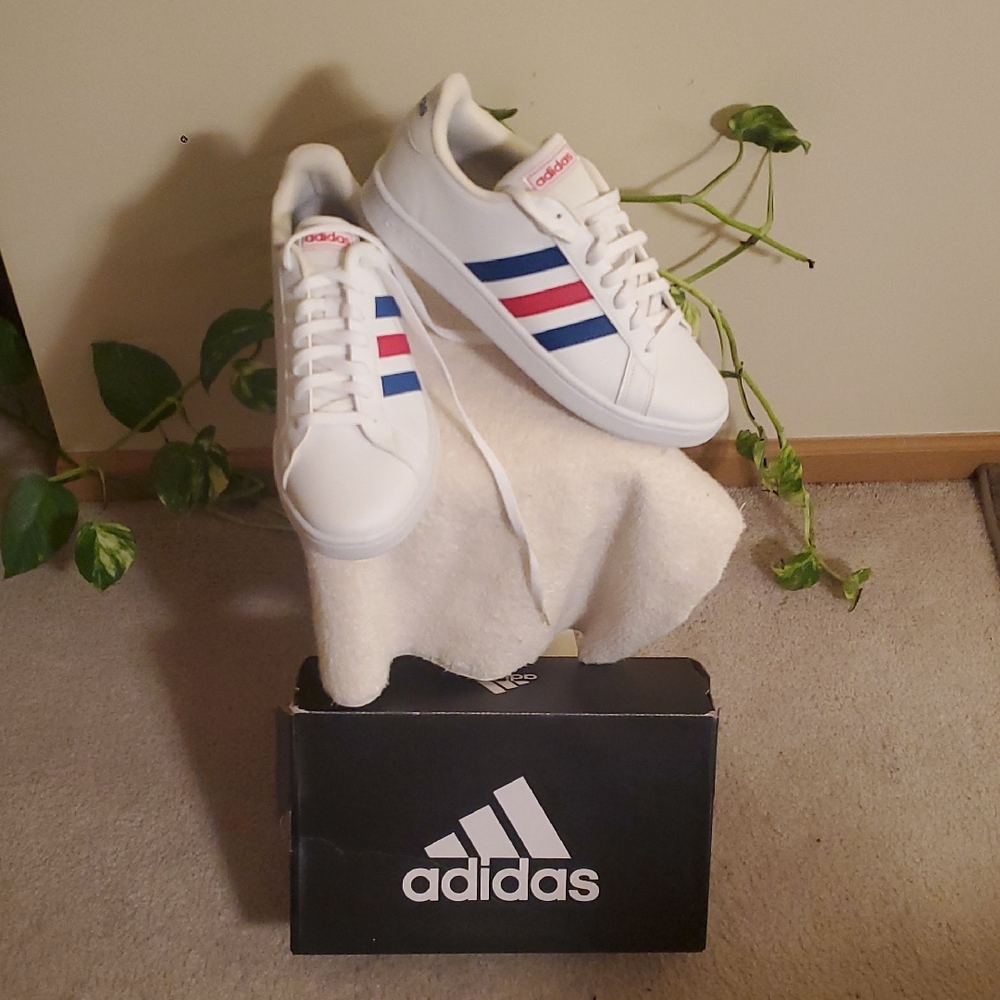 Adidas White Sneakers with Blue and Red Accents